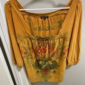 Jessica Max Orange Print 3/4 Sleeve Top Size M Boho Chic Classic